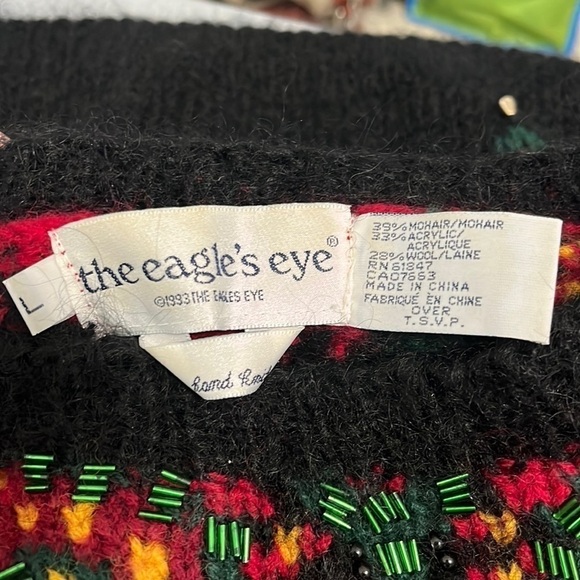 The Eagles Eye Vintage Black Red Festive Beaded Hand Knit Wool/Mohair Sweater - Picture 2 of 9